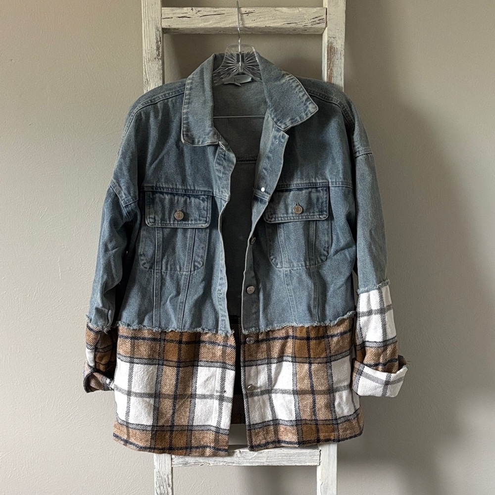 Blue and Brown Plaid Jean Jacket